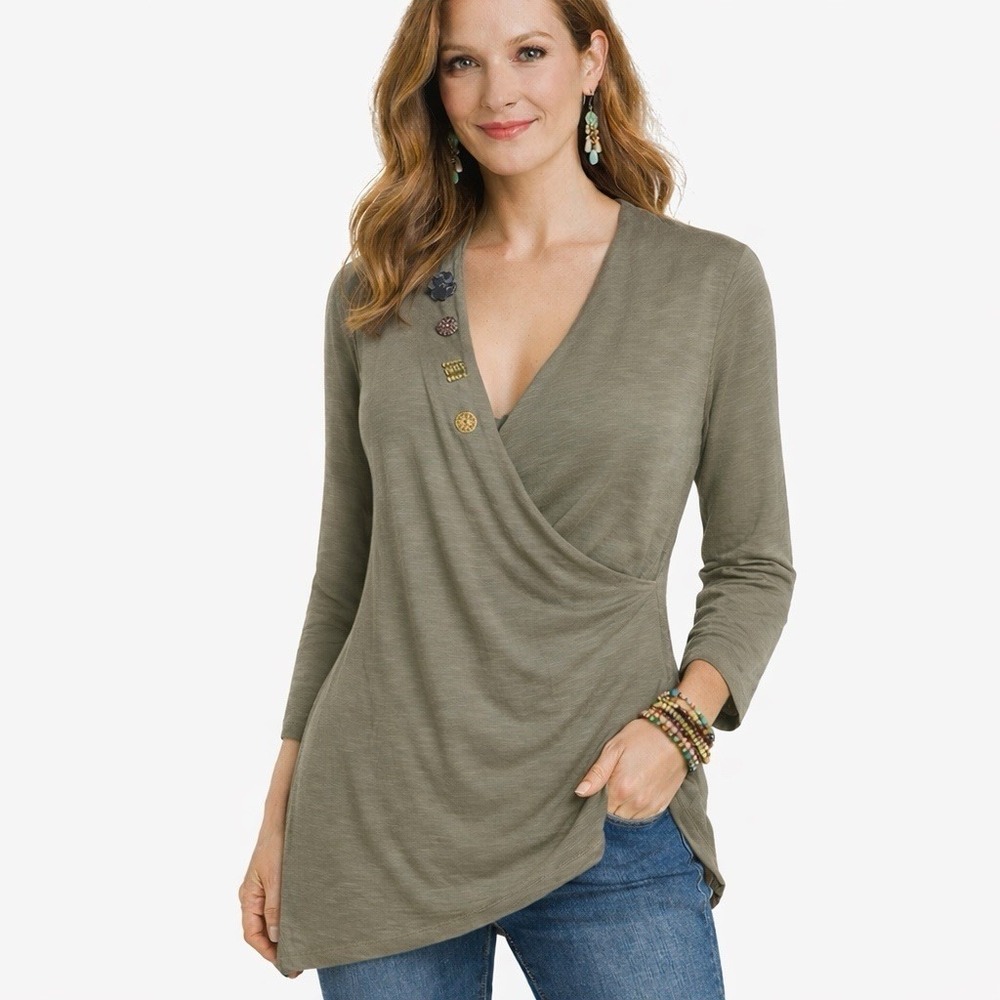 Soft Surroundings Wrap Tunic Top Womens S Gray Cotton Button Detail Asymmetrical